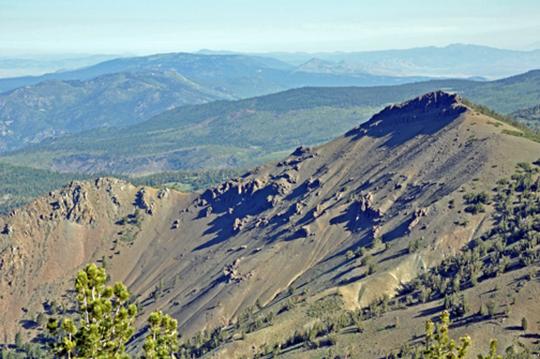 Photo of a volcanic crater and landscape as seen from the Tahoe Rim Trail.