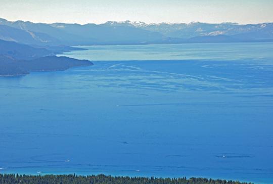 Photo of Lake Tahoe that stretches from the north shore to the south shore.